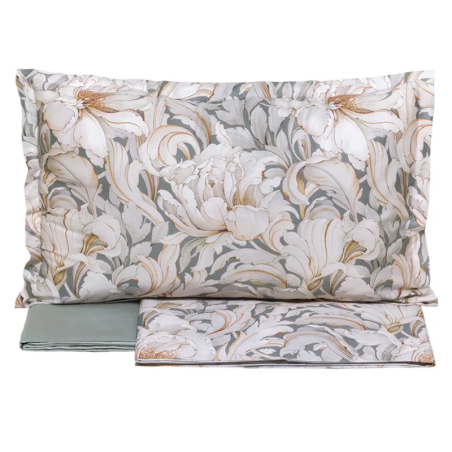 TESSITURA RANDI - BLOOM AMBER - COMPLETO LENZUOLA MATRIMONIALE COPRILETTO IN RASO DI PURO COTONE